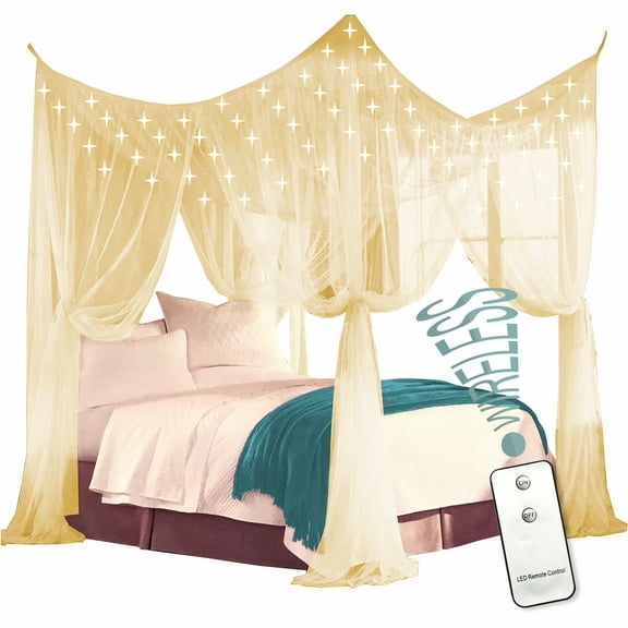 Just Relax Four Corner Post Bed Canopy Set With LED Lights and Remote, Beige, Full-Queen-King