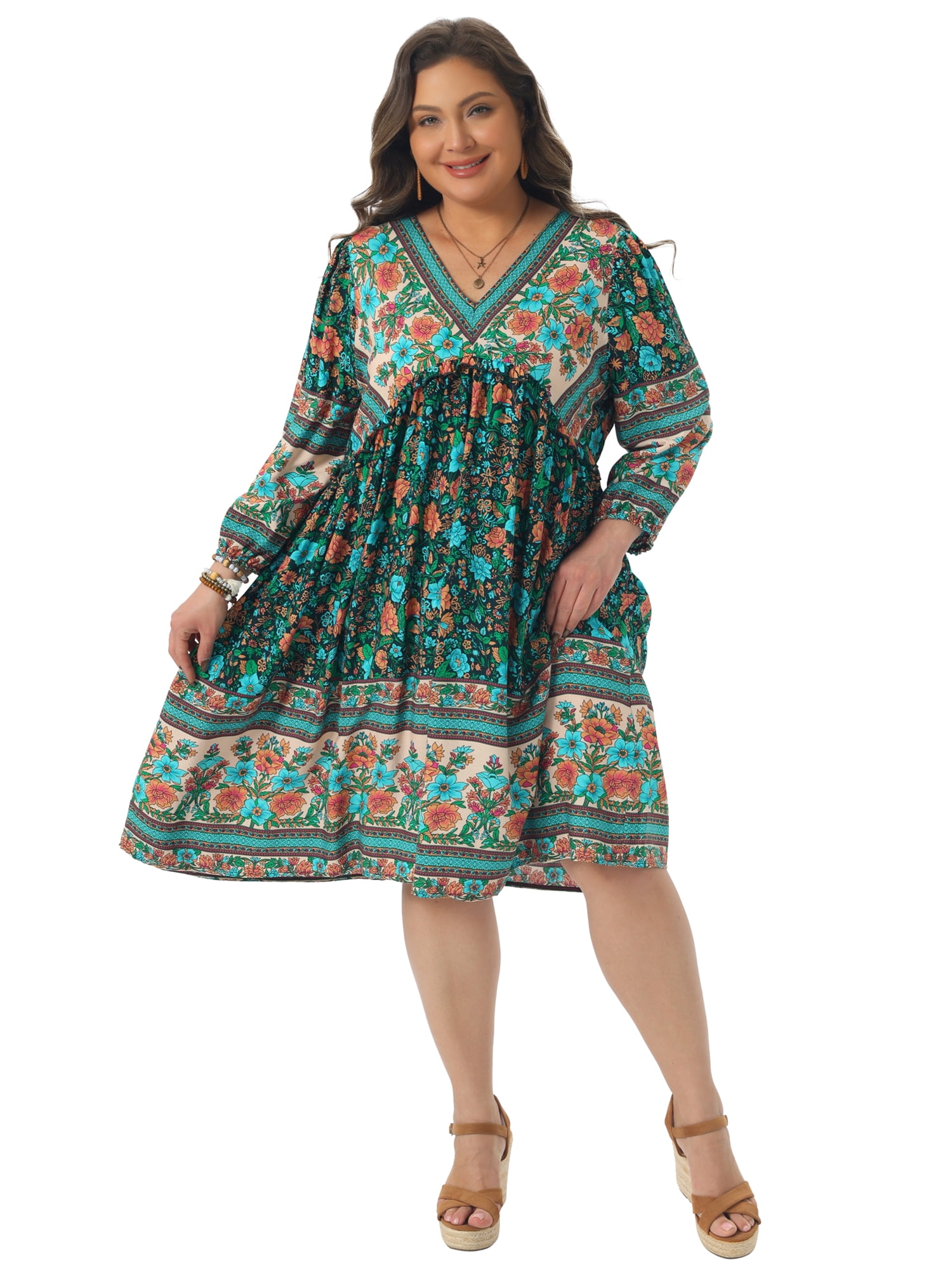 DARING DIVA Women's Plus Size Casual Boho Floral V Neck 3/4 Sleeve Dress 2X Dark Green