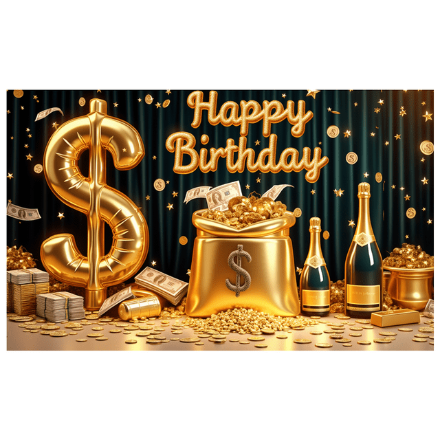 Golden Theme Happy Birthday Banner Decorative Design Party Backdrop for Birthday Celebration Indoor Party Event