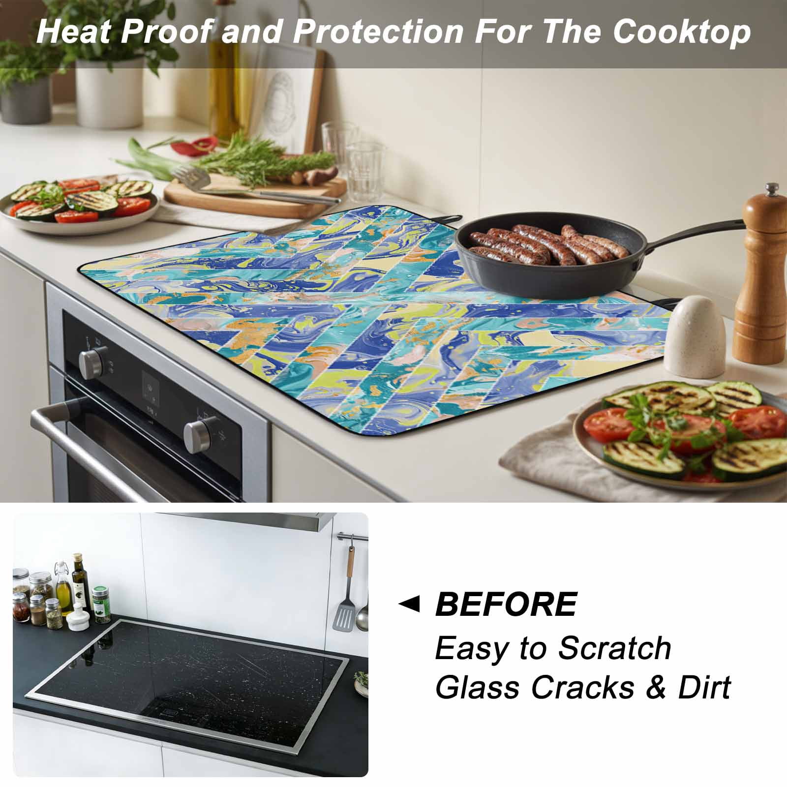 Blue Teal Geometric Stove Top Cover for Electric Stove, Heat-proof & Non Slip Glass Top Stove Cover Protector, Grey Marble Abstract Art Modern Kitchen Flat Cooktop Rubber Mat 24x21 Inches