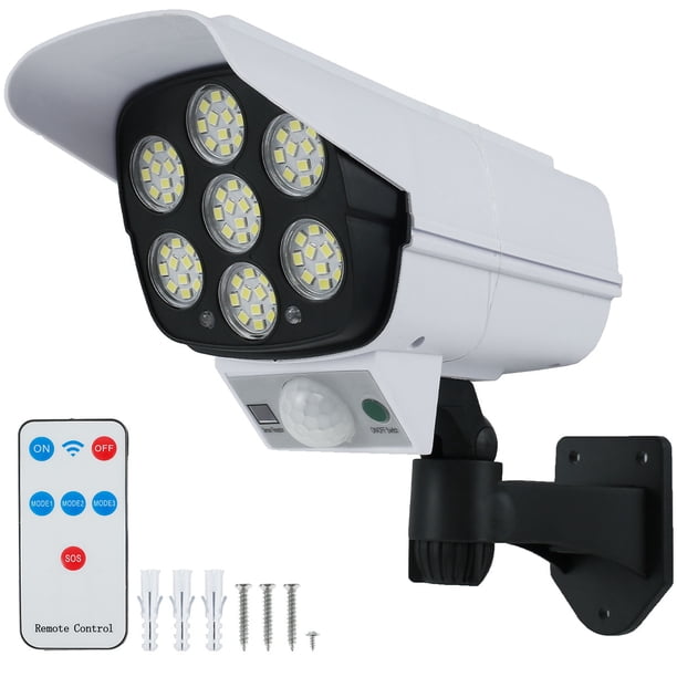 Muyoka Luces de cámara con sensor solar para exteriores con 77 LED 800 lms Luz de cámara falsa 2400 mAh Luz de cerca 3 modos de trabajo IP65 Luz de pared impermeable Control remoto Luz de cerca para c Muyoka Hogar