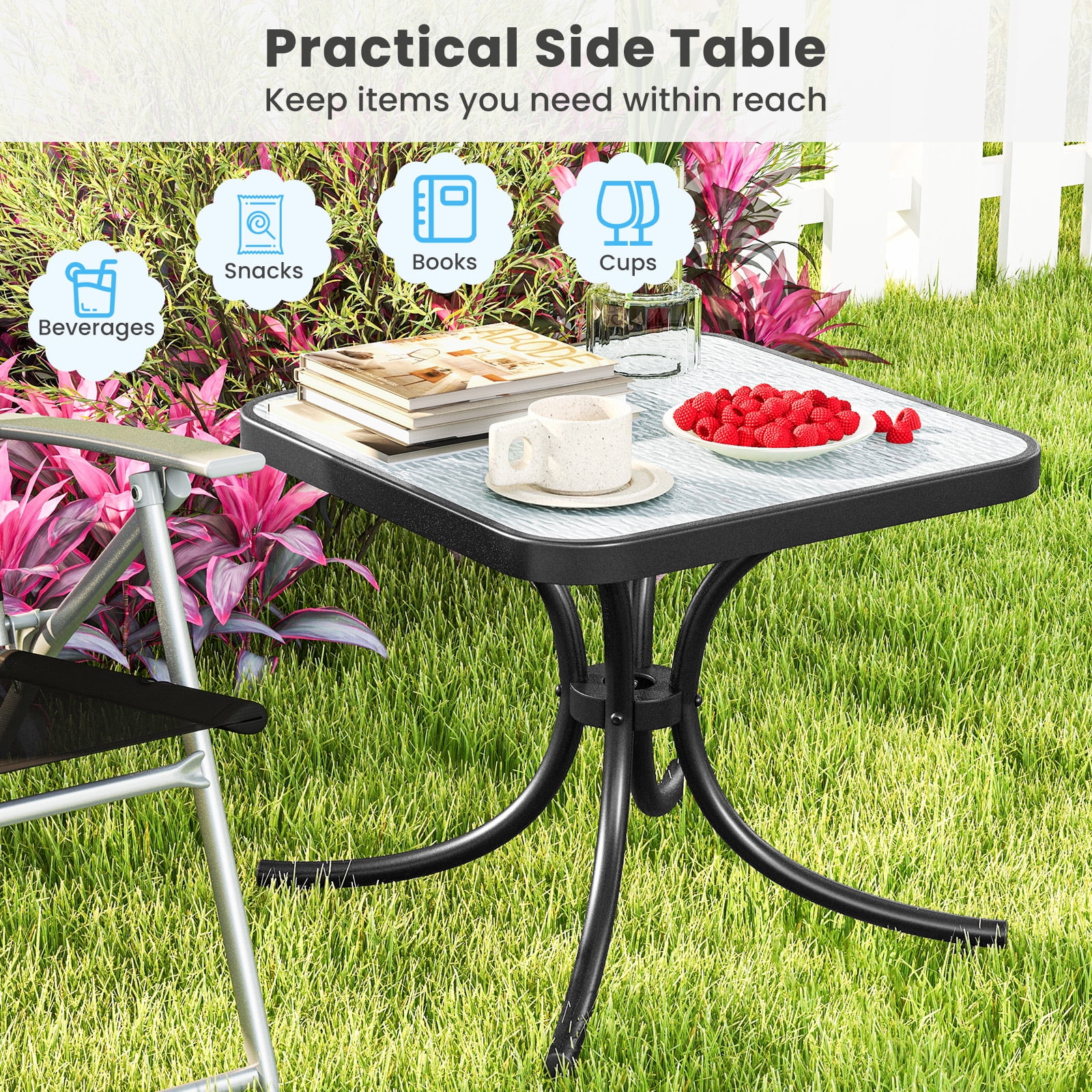 Gymax 2PCS 20'' Outdoor Side Table w/Tempered Glass Top  Metal Frame Patio End Table