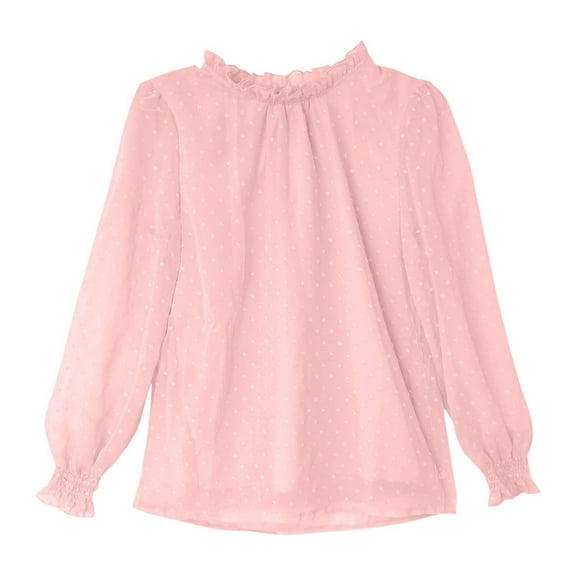 Elegant Flocked Mesh Ruffle Blouse Long Sleeve Shirt With Elastic Stand Collar Tops For Girls Teenage Party Dress Tween Kids Summer Soft Comfy Cute Basic Tees