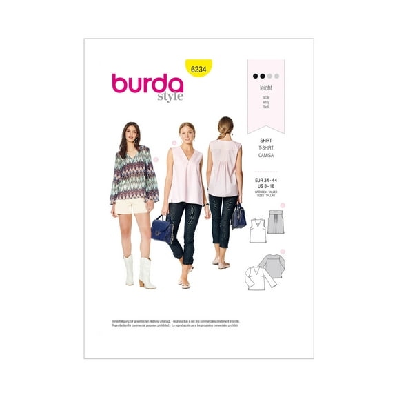 Burda Style Sewing Pattern 6234 - Misses' Tops with Variations, Size: A (8-10-12-14-16-18)