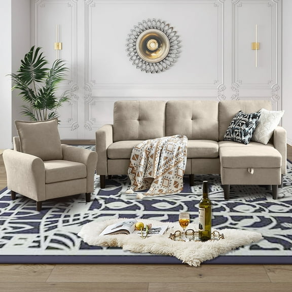 Soscana Sectional Sofa 3 Seat L Shaped Couch with Storage Ottoman & Accent Chair,Modern Living Room Furniture Set for Small Space Home Apartment Office Studio