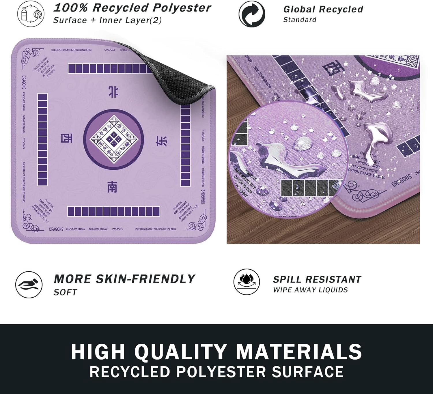 Mahjong Mat, Noise Reduction Non-Slip Mahjong Mat for Table, 31.5x31.5 Inch Mahjong Table Mat for Poker, Board Games Table Mat, Card Games, Tile Games, Dominoes(Purple)