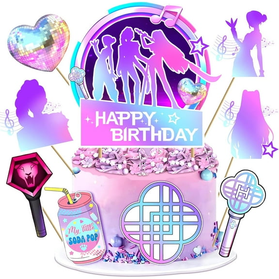 Popular Birthday Cake Topper, Cartoon Cake Decorations Include 1pc Happy Birthday Glittery Cake Topper and 8pcs Cupcake Topper, Fantastic Popular Birth day Party Decorations for Girls