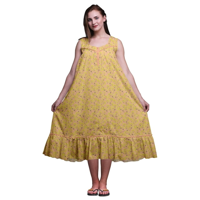 Bimba Pêche Clair2 Feuilles Moutarde Jaune Imprimé Coton Chemises de Nuit pour Femmes Robe Sans Manches Tenue de Nuit Robe Maxi Moyen