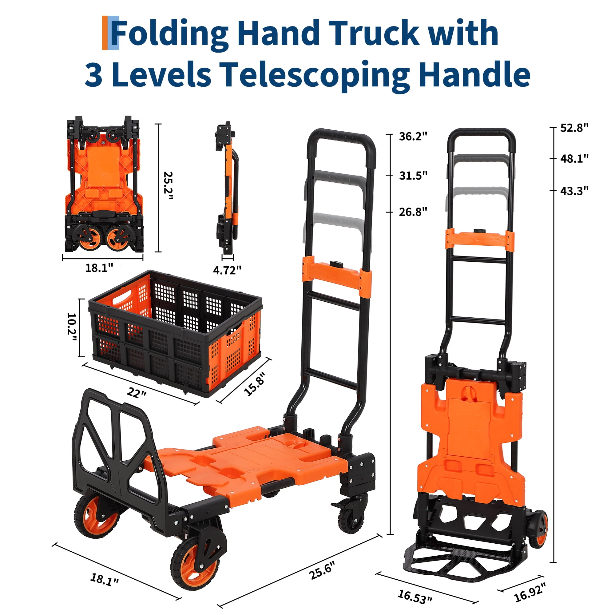 2-in-1 Folding Hand Truck, Convertible Utility Dolly Cart with Collapsible Basket & Bungee Cord