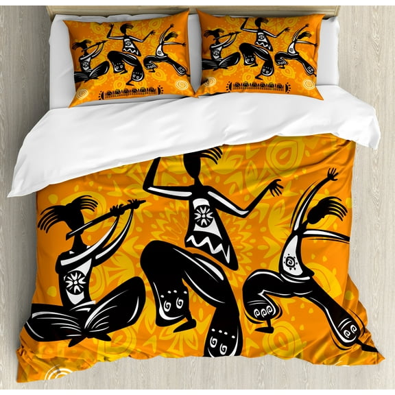 Orange Duvet Cover Set, Dancer with Poly Rhythm Total Body Articulations Design Warm Colored Print, Decorative 3 Piece Bedding Set with 2 Pillow Shams, Calking Size, Orange and Black, by Ambesonne