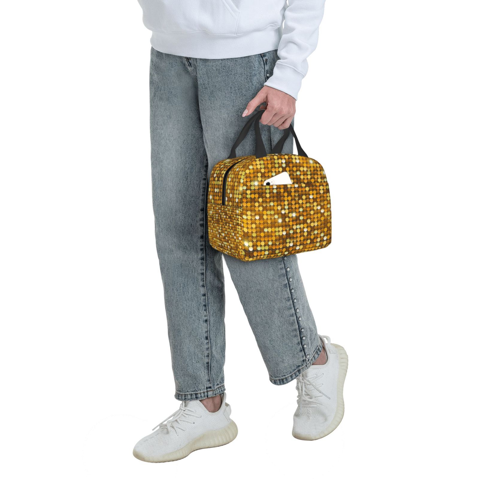 Naloa Bright Shiny Golden Print Lunch Box for Women Men,Insulated Lunch Bag,Lunchbox,Thermal Leakproof Cooler,Reusable Lunch Tote Bag for Work School Travel Picnic