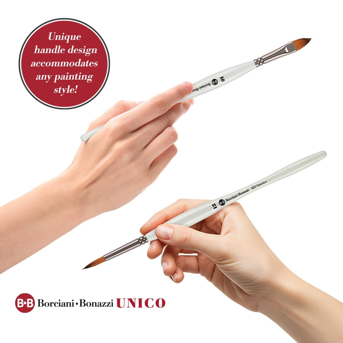 Borciani e Bonazzi Unico Fiamatto Synthetic Series 821 Paint Brush, Flat Size 10 - For Acrylic and Watercolor Painting - Ergonomic Handle, Animal-Friendly, Brass Ferrule, Handcrafted in Italy