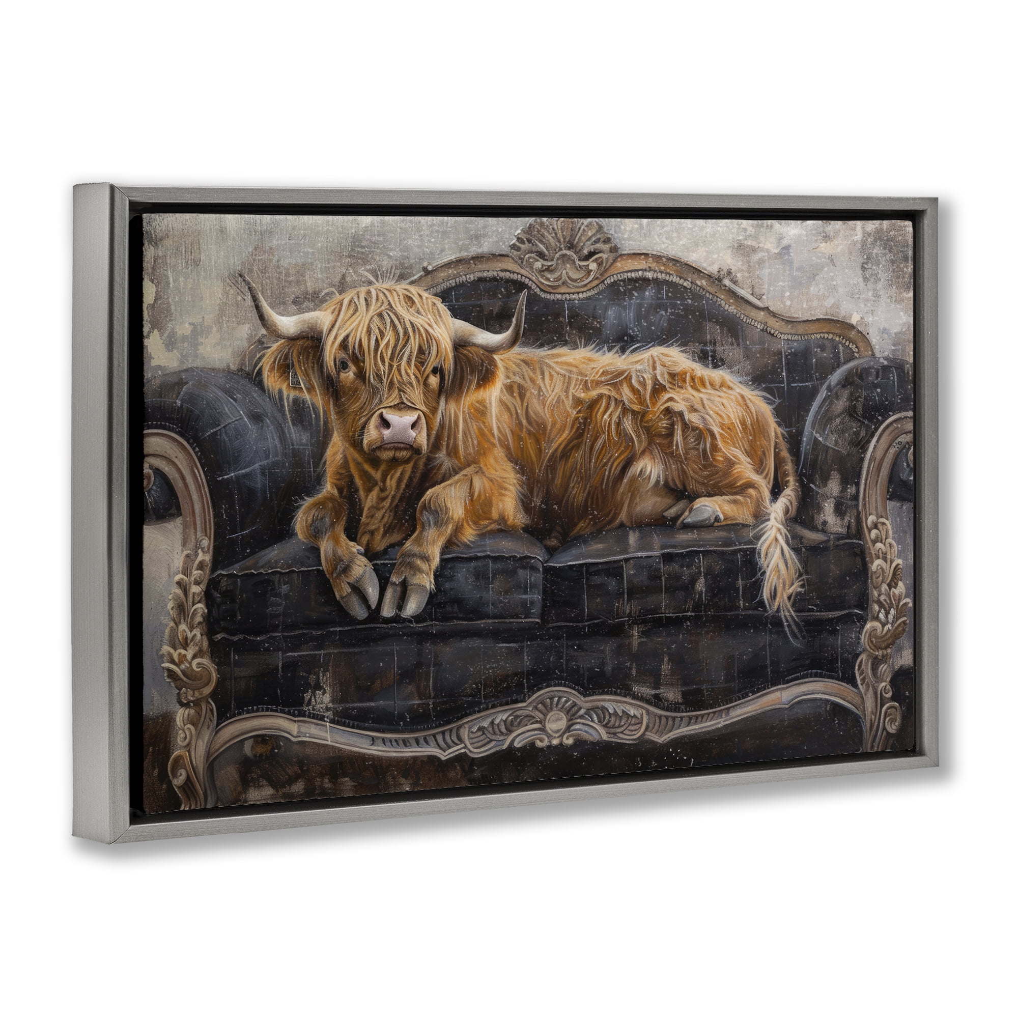 Stupell Industries Cozy Couch Highland Cow Gray Framed Floater Canvas Wall Art, design by Tina LeCour
