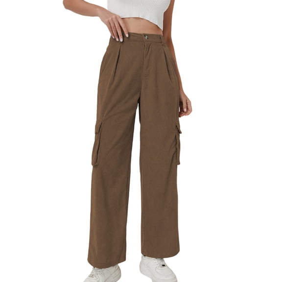 STETMN Corduroy Pants for Women Elastic Waist Straight Leg Pant Casual Solid Trousers with Pockets