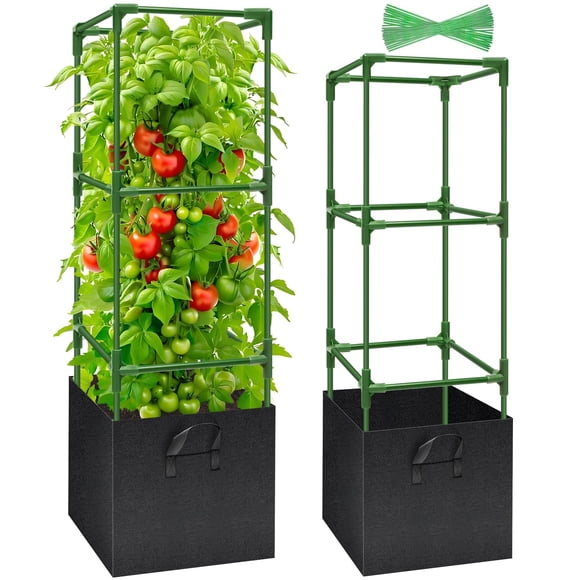 Legigo 2 Pack Tomato Cages with 17 Gallon Grow Bags- 47 Inch Square Tomato Cages for Garden, Heavy-Duty Tomato Stakes Plant Support Cages T