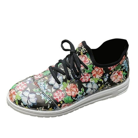 OJSFQUFP Women s Flats Women Flat Bottom Lace Up Casual Sports Shoes New Flower Print Outdoor Comfortable Casual Shoes Womens Dress Flats Black 38
