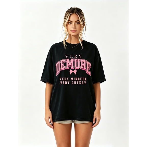 Women's Oversized Black T-Shirt with VERY DEMURE Graphic, Loose Fit Y2K Streetwear Tee Top