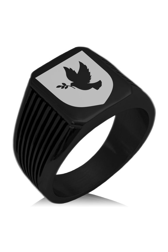 Stainless Steel Dove Peace Coat of Arms Shield Needle Stripe Pattern Biker Style Polished Ring