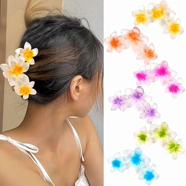 wonima11 Hawaiian Plumeria Hair Accessories, 6 Pack Flower Claw Clips for Thick Hair Large Hair Clip for Women & Girls