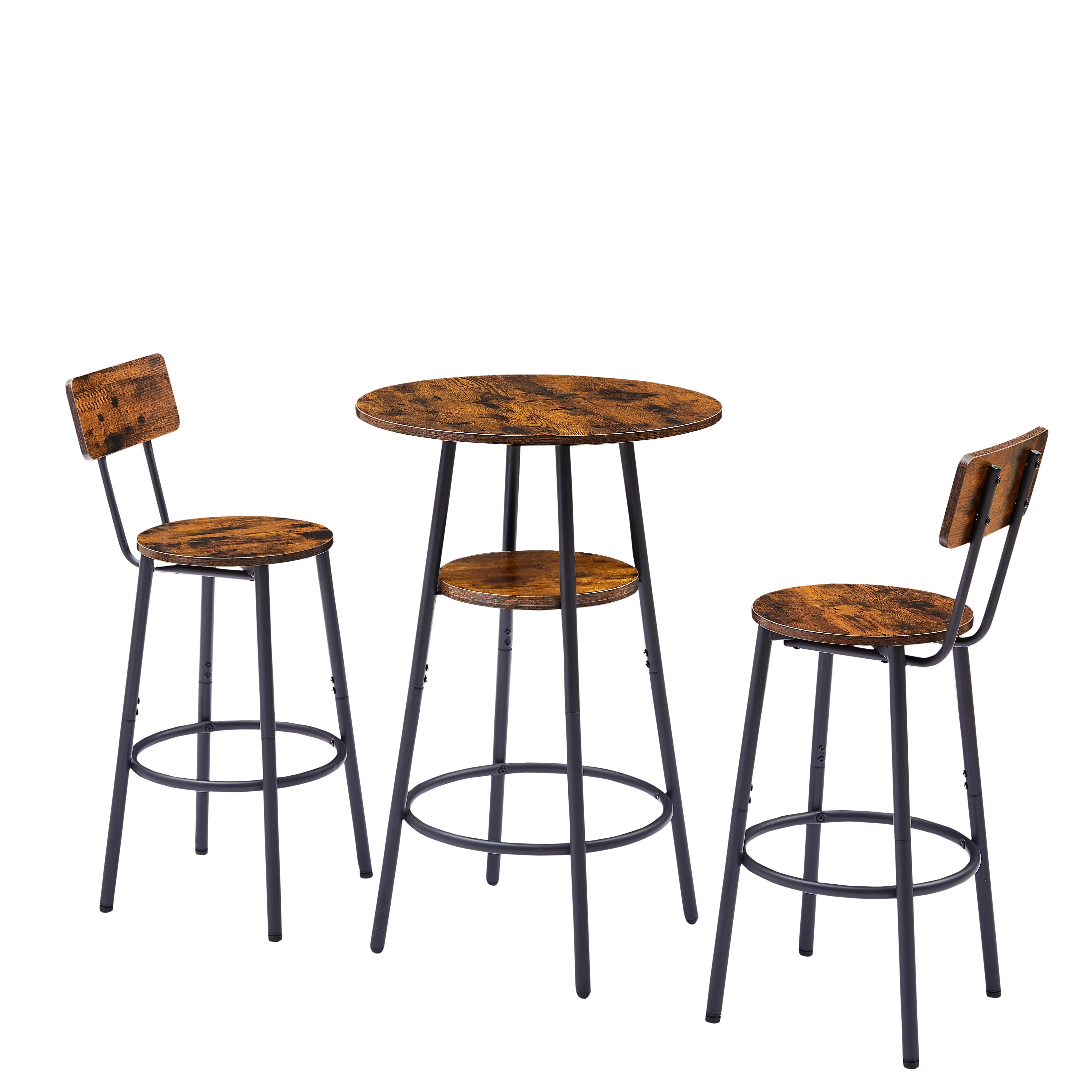 Bar Stools, Bar Table Set, Pub Set 3 Piece With Shelves Backrest Footrest Counter Height For Kitchen Dining Room Home Bar, Rustic Brown Particle Board Set