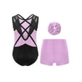 thumbnail image 2 of Haitryli Girls' Sleeveless Dance Leotards with Shorts Hair Tie Three-Piece Sparkling Ballet Unitards Gymnastics Outfits Light Purple 14, 2 of 7
