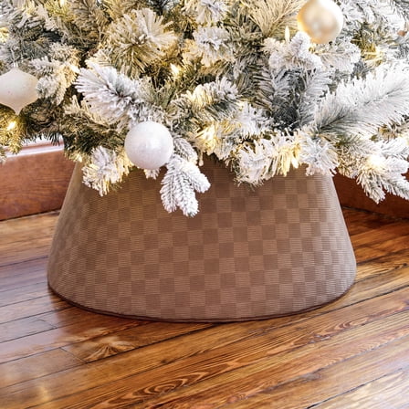 Brown Faux Suede Checkerboard Roll-Up Christmas Tree Collar - 26"