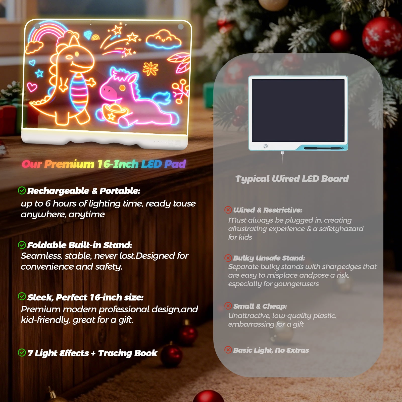 LED Note Board with 7 Color Light Modes, 16-Inch Rechargeable Neon Glow Art Dry Erase Light Up Drawing Pad with Built-in Stand for Kids, Sketching Gift Toy for Teens, 7 Markers
