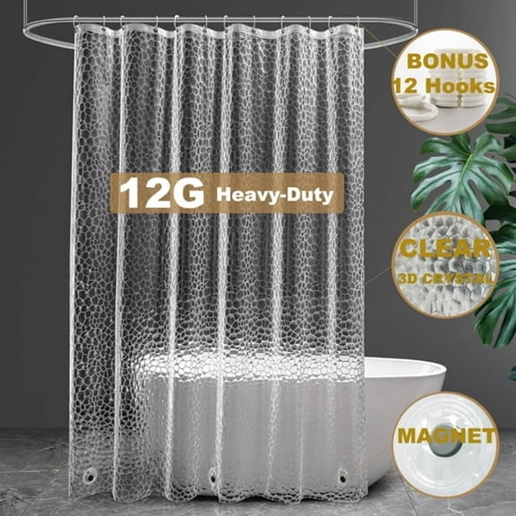 AUQ Clear Crystal Shower Curtain Liner,72"X72"12G Premium Eva Heavy-Duty Thick Waterproof Bathroom Shower Liner W/12 Rustfree Grommets&3 Magnets,Mold&Mildew-Resistant,Bonus 12 Hooks