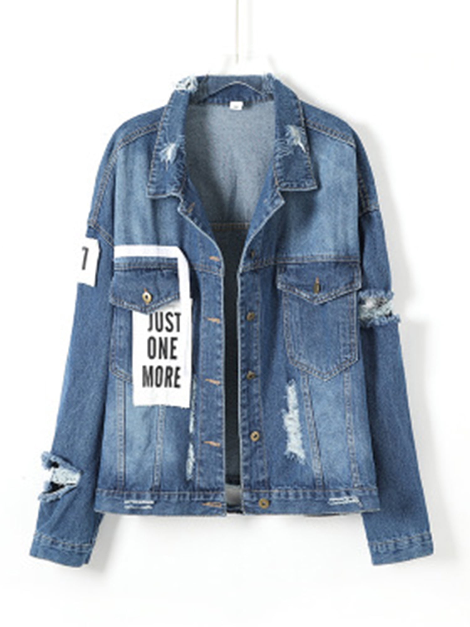 SELX Men Fashion Wash Letters Print Hole Ripped Distressed Buttons Jeans Coat
