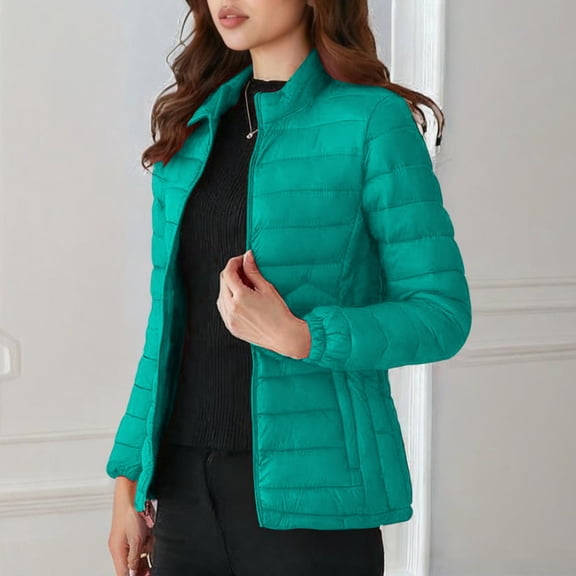 Xdegoge Quilted Puffer Jackets for Women Long Sleeve Zip up Stand Neck Coats Lightweight Winetr Down Jacket Casual Warm Padded Coat with Pockets Outerwear
