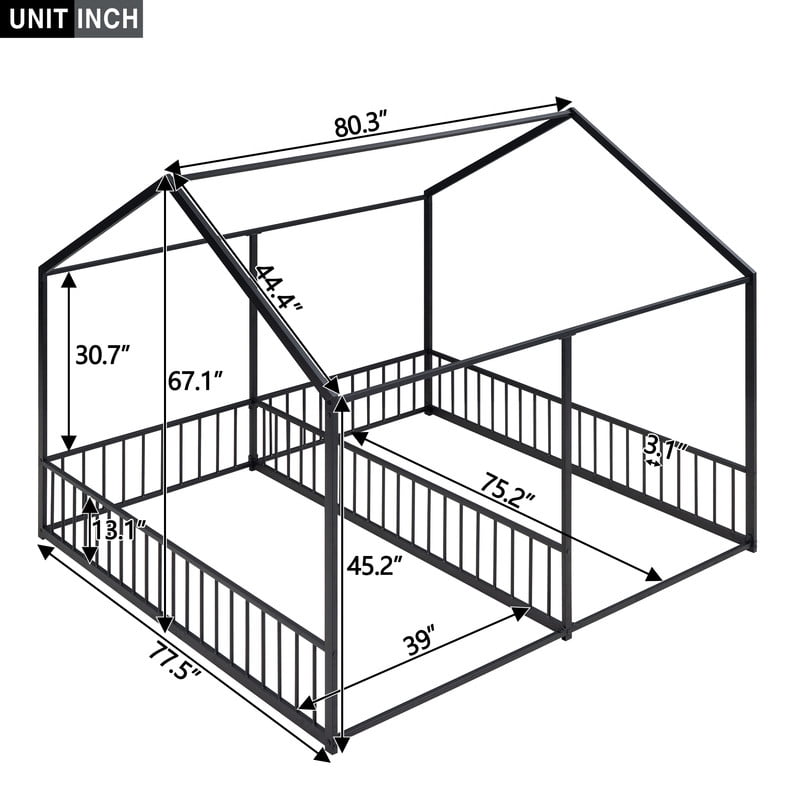 Mirightone Twin Size House Bed for 2 , Double Floor Bed for Twins, Two Shared Beds, Twin House Platform Beds, Metal Floor Bed Frame. (Black)