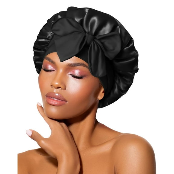 AKcxy Silk Bonnet for Sleeping Women Satin Bonnet Night Sleep Cap Hair Wrap for All Hair with Adjustable Tie Band,Black