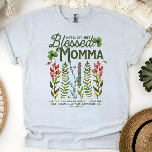 Blessed Momma Shirt – Proverbs 31:28 Clover and Floral Faith Tee, Ash, Size S