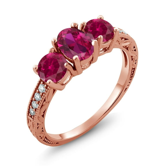 Gem Stone King 2.97 Ct Oval Red Created Ruby 18K Rose Gold Plated Silver Moissanite Ring (Size 9)