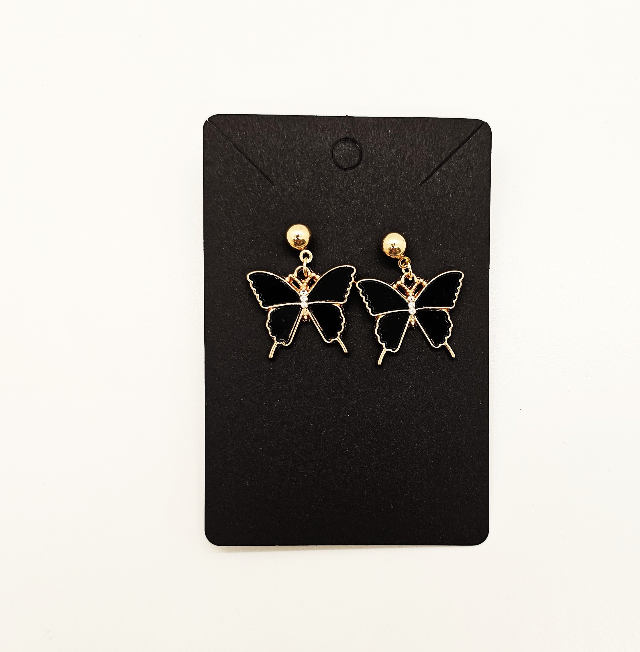 Black Enamel Butterfly Earrings, Gold Tone