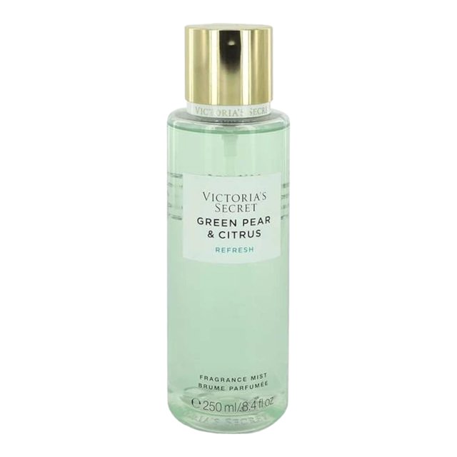 bruma corporal perfume victoria's secret, pera verde y cítricos, 250 ml — botella cilíndrica frontal con líquido verde claro, etiqueta blanca que muestra Victoria's Secret Green Pear & Citrus, tapa dorada con anillo de marca y texto de 250 ml (8.4 fl oz); apta para rociar sobre la piel tras la ducha.