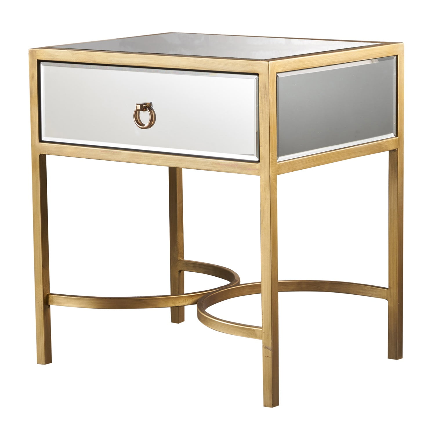 Kadyn Modern Mirrored Side Table, Iron End Table with Drawer, Bedside Table for Bedroom, Gold