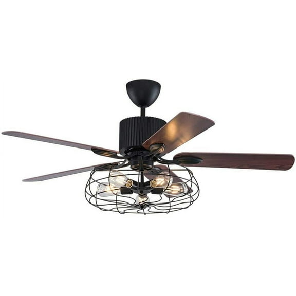 MONIPA 52" Retro Industrial Ceiling Fan Light Cage Light Fan 5-Lights E27,with Iron Cover and 5 Wood Leaves for Living Room Dinning Room Decoration
