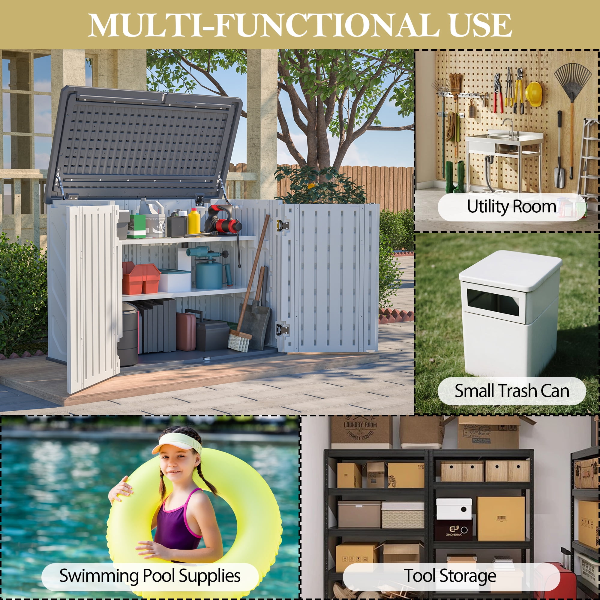 LZBEITEM 25 Cu.ft Upgraded Outdoor Horizontal Storage Shed with 2 Adjustable Shelves, Weather-Resistant Resin Tool Sheds, Multi-Opening Door, Waterproof & Lockable