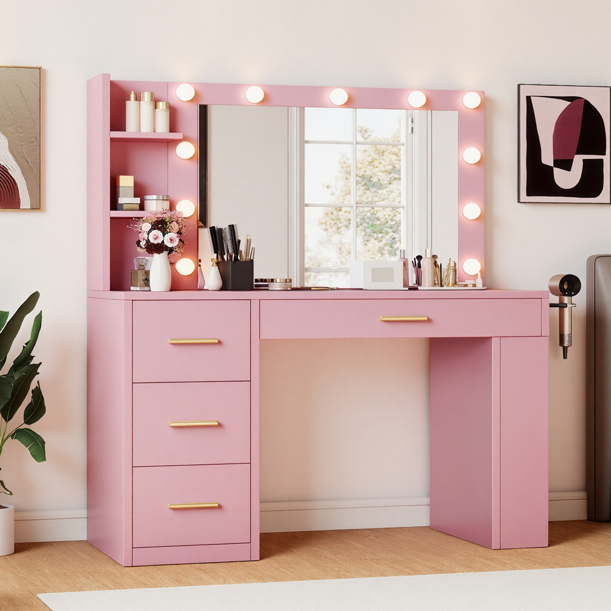 Uforic 39.5" Makeup Vanity Desk with LED Mirror, 4 Drawers, 6 Shelves, Power Outlets,Dressing Table for Bedroom - Pink