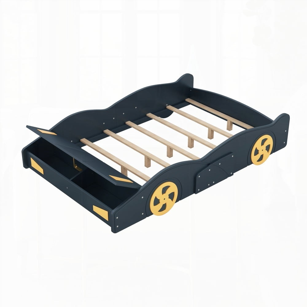 Full Size Dark Blue+Yellow Race Car-Shaped Platform Bed with Wheels and Storage