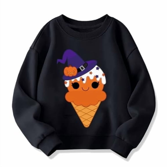 CUZIBR Toddler Girls Halloween Crewneck Sweatshirt Ice-Cream Pumpkin Graphic Pullover Long Sleeve Leisure Fall Winter Clothes,Black,2-3 Years