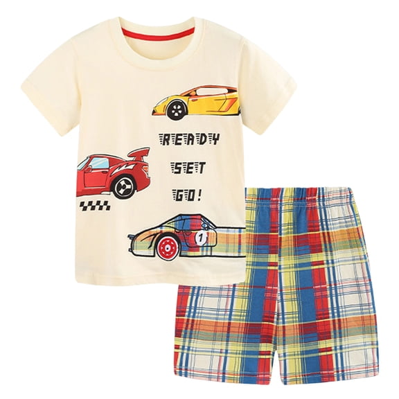 Ulanda Toddler Baby Boy Summer Clothes Cars Print Short Sleeve T-Shirt Tops Jogger Shorts Set 1T 2T 3T 4T Kids Outfit (Light Yellow, 4-5 Years)