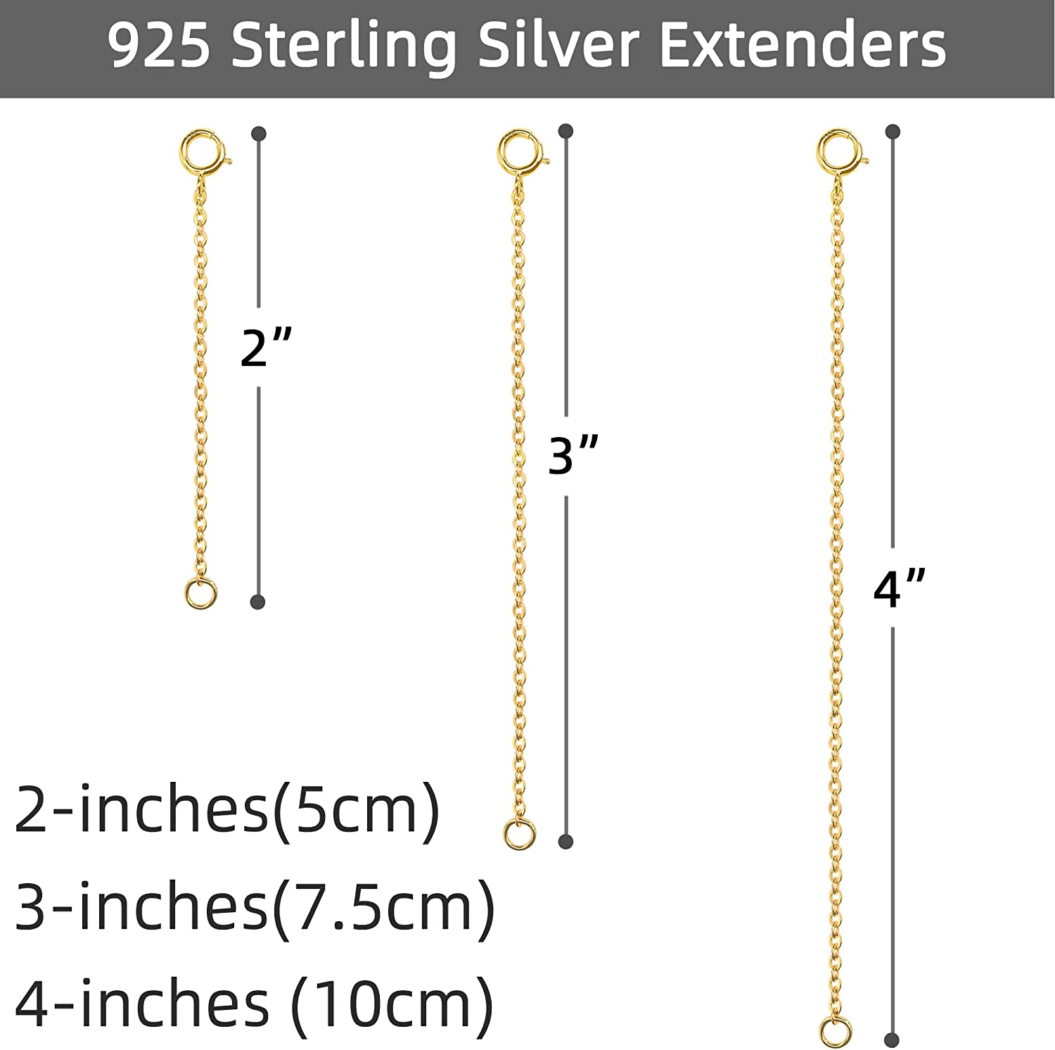 925 Sterling Silver Necklace Extender Gold Necklace Extender Gold Chain  Extenders for Necklaces 2, 3, 4 Inches 