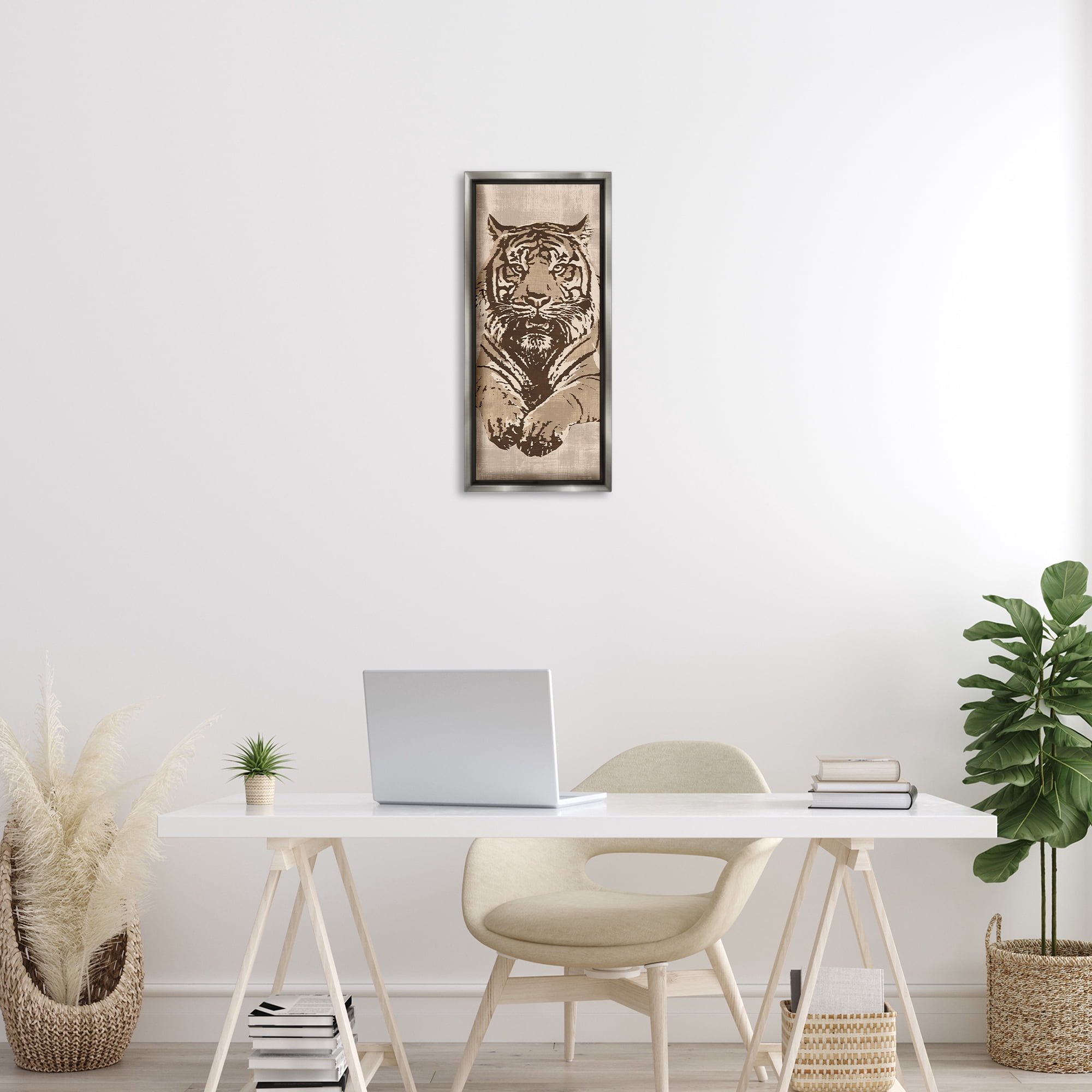 Stupell Industries Fierce Tiger Baring Teeth Animals Painting Gray Floater Framed Canvas Art Print Wall Art, 11 x 25