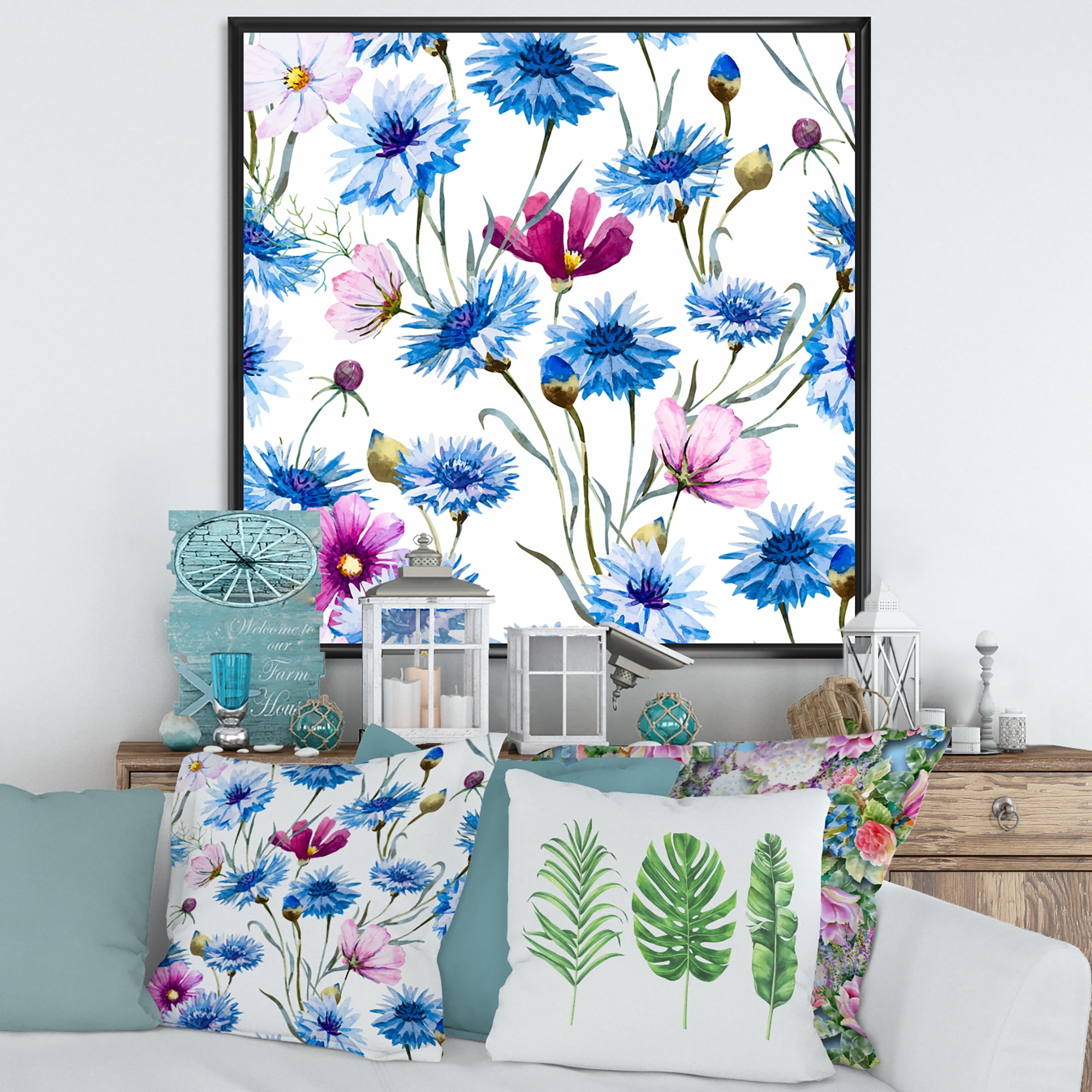 Designart 'Pink and Blue Wild Cornflowers' Traditional Framed Canvas Wall Art Print