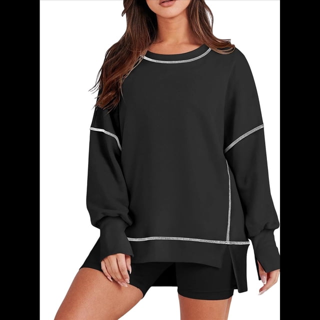 Sudadera Informal de Cuello Redondo para Mujer, de Larga, Holgada, , con Costuras en Contraste, para Otoño. Negro S
