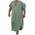 thumbnail image 1 of PENGXIANG Mens V Robe de Lin Cou Manches Courtes Kaftan Thobe Robe Longue Saudi Arabe Thobe Musulman Dubai Robe, 1 of 5