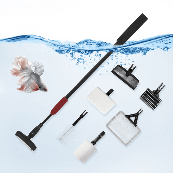 SKYWEE Aquarium Cleaning Tools, Fish Tank Cleaning Kit 6 in 1, Adjustable Long Handle, Algae Scraper, Fish Net, Sand Scoop