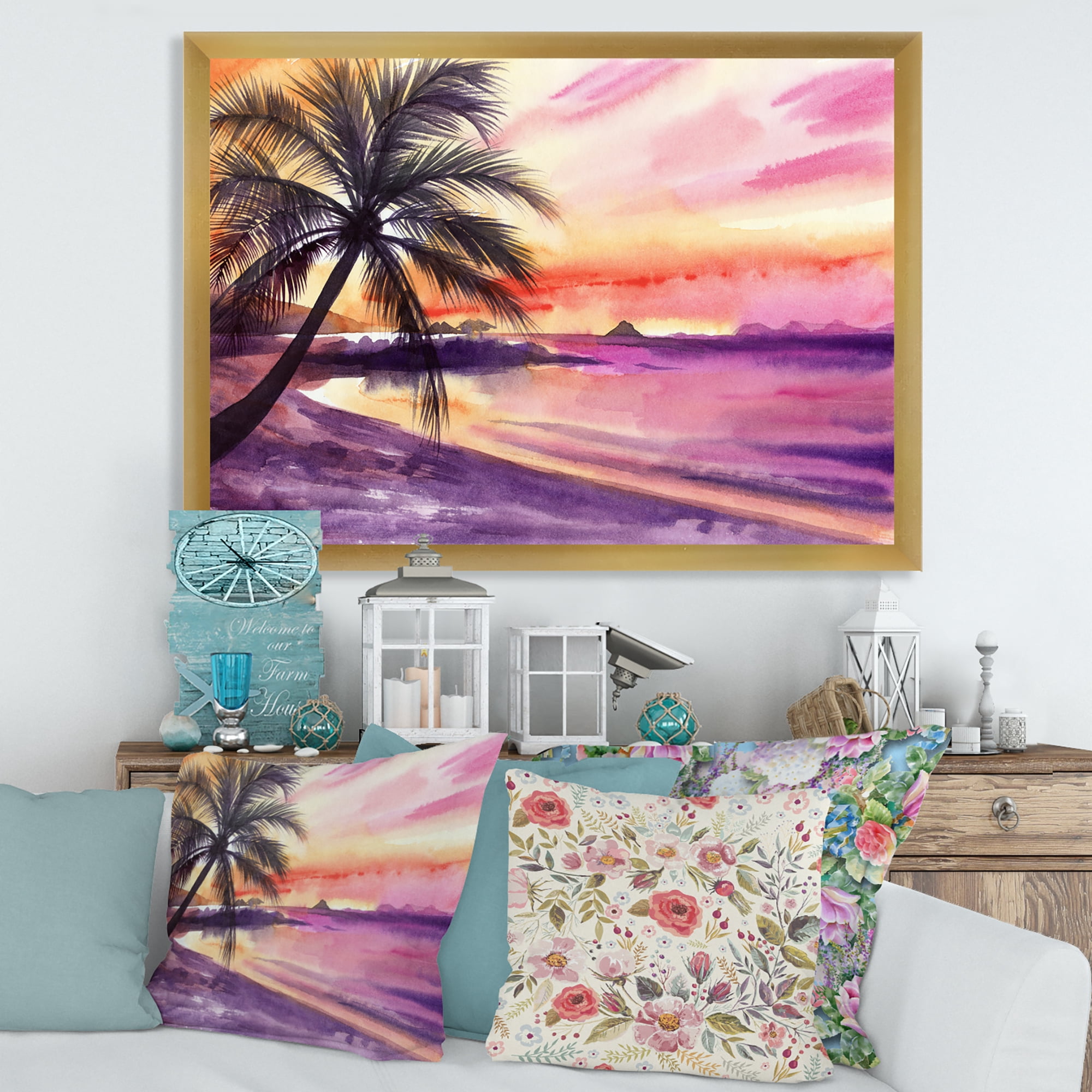 Designart 'Purple and Pink Palm Beach Sunset' Nautical & Coastal Framed Art Print